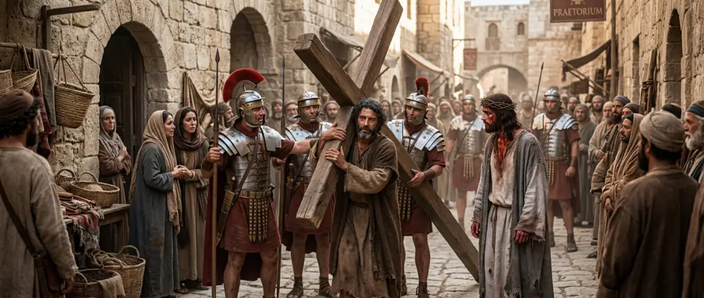 Simon von Kyrene, der vom Feld kam, und legten das Kreuz auf ihn, dass er’s Jesus nachtrüge.