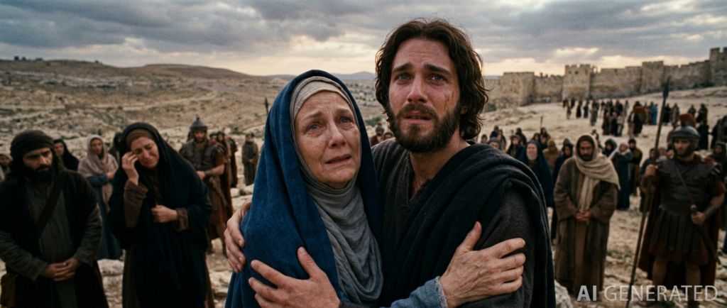 Als nun Jesus seine Mutter sah und bei ihr den Jünger, den er liebhatte, spricht er zu seiner Mutter: Frau, siehe, das ist dein Sohn! Danach spricht er zu dem Jünger: Siehe, das ist deine Mutter! Und von der Stunde an nahm sie der Jünger zu sich.