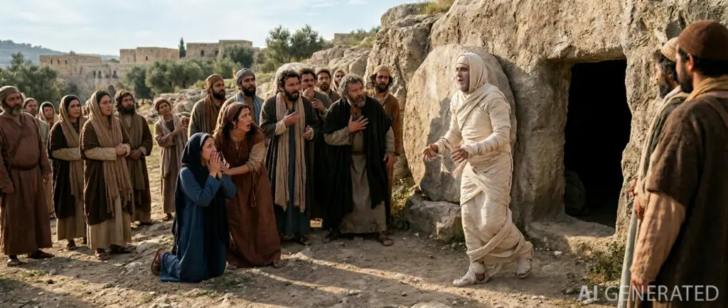 Da hoben sie den Stein weg. Jesus aber hob seine Augen auf und sprach: Vater, ich danke dir, dass du mich erhört hast. Ich weiß, dass du mich allezeit hörst; aber um des Volkes willen, das umhersteht, sage ich's, damit sie glauben, dass du mich gesandt hast. Als er das gesagt hatte, rief er mit lauter Stimme: Lazarus, komm heraus! Und der Verstorbene kam heraus, gebunden mit Grabtüchern an Füßen und Händen, und sein Gesicht war verhüllt mit einem Schweißtuch. Jesus spricht zu ihnen: Löst die Binden und lasst ihn gehen! Viele nun von den Juden, die zu Maria gekommen waren und sahen, was Jesus tat, glaubten an ihn.